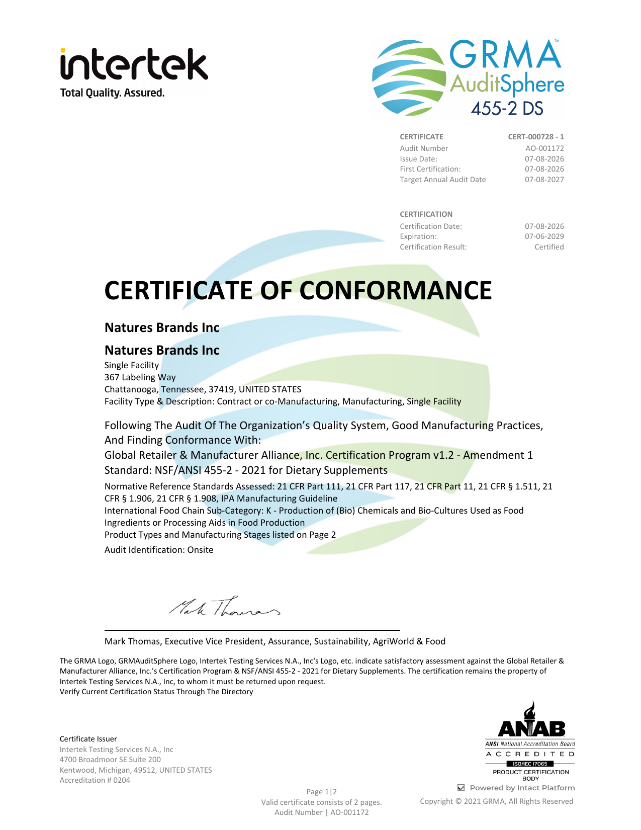 Nature's Brands GRMA certificate of conformance to NSF/ANSI 455-2:2021