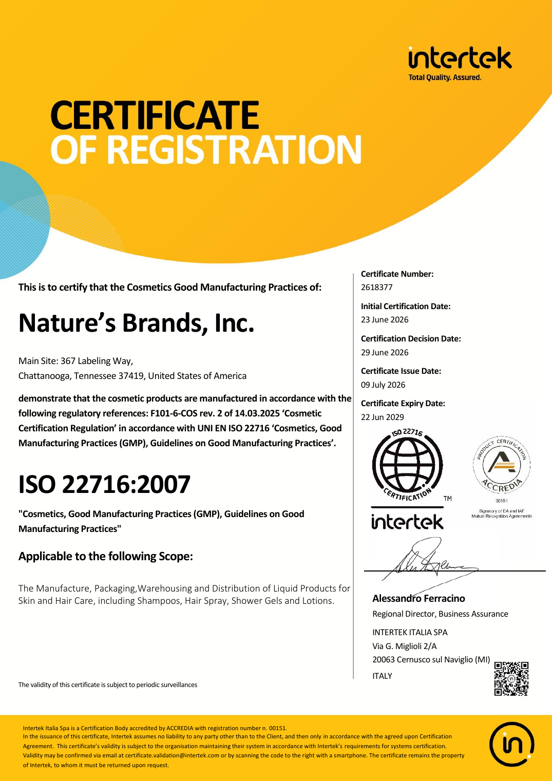 Nature's Brands ISO 22716:2007 cosmetics Good Manufacturing Practices certificate