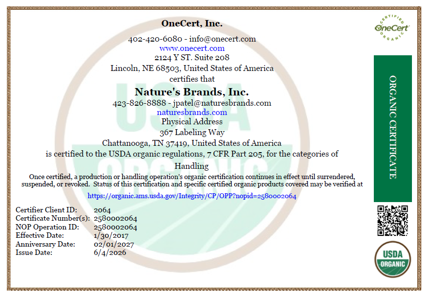 Nature's Brands USDA organic handling certificate issued by OneCert
